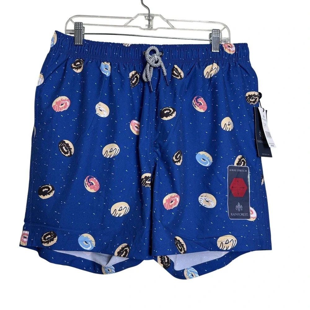 RAINFOREST Men's Donut Swim Trunks Large Navy Blue Y2K Retro Fun Summer Vacation
